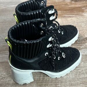 Sorel Black and White Heeled Boots with Neon Accents
